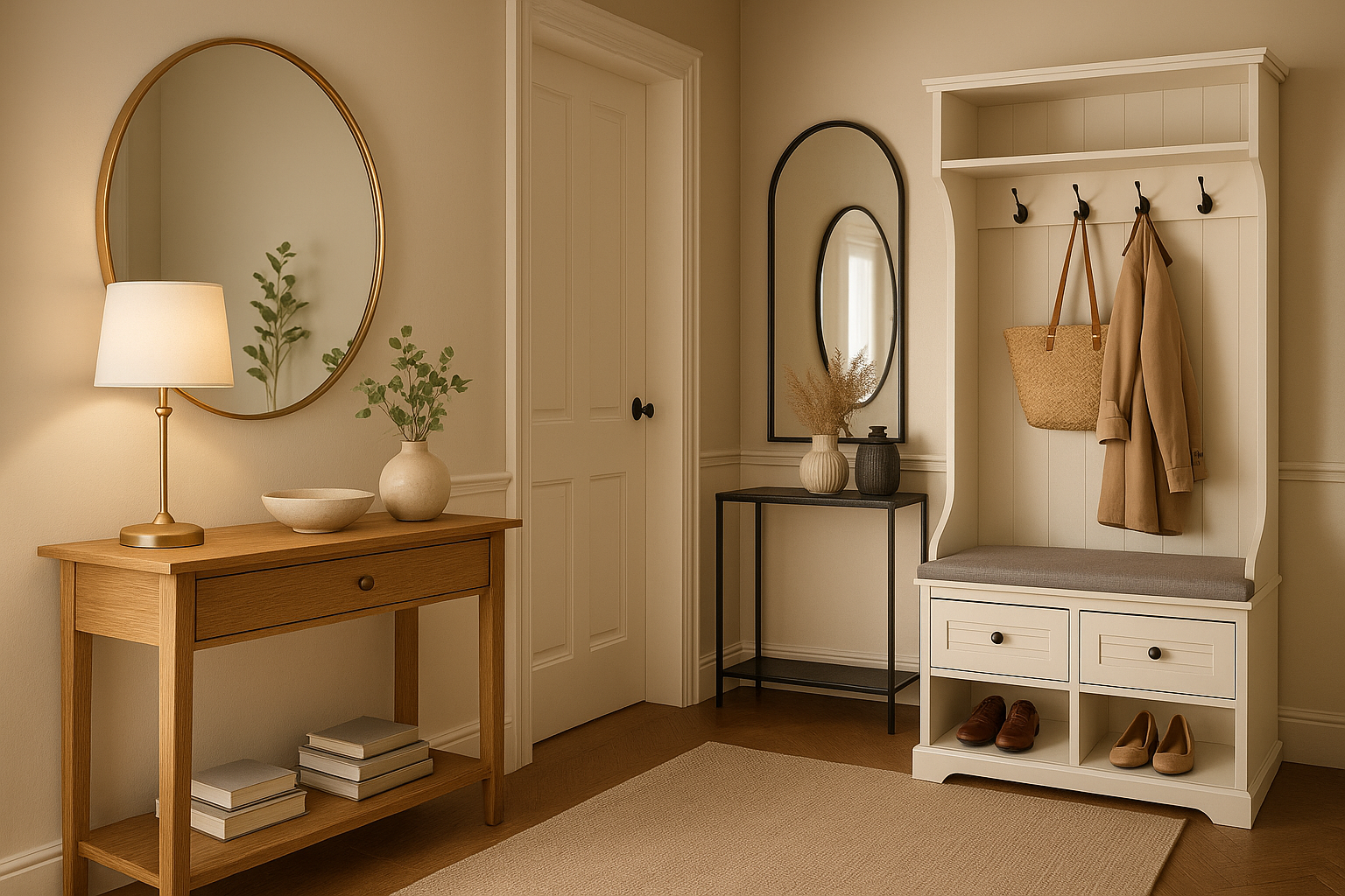 مداخل و طاولات كونسول خشبية، معدنية، أو ذات سطح زجاجي/بديل رخام المرايا: مرايا حائط أنيقة للمداخل تضيف إحساساً بالاتساع