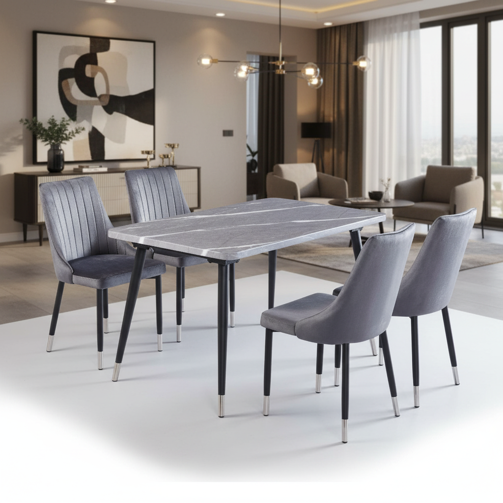 طاولة طعام رمادية رخام خشن 1+4