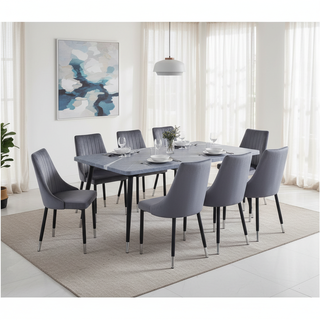 طاولة طعام رمادية مزرقة 1+8