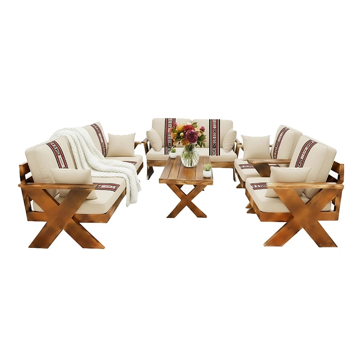 جلسة خشب سويدي فاخرة لـ7 أشخاص مع نقشات تراثية سعودية