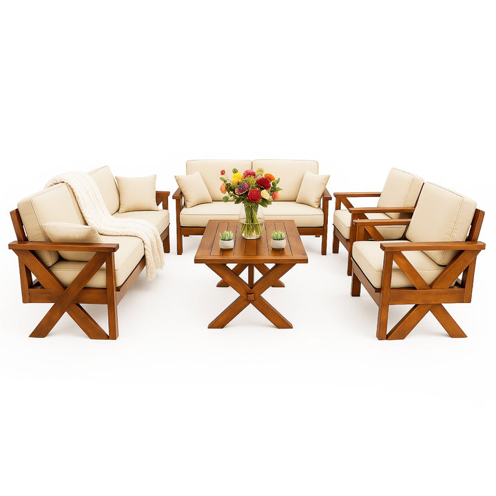 جلسة خارجية خشب قماش بيج غامق تتسع 7 اشخاص