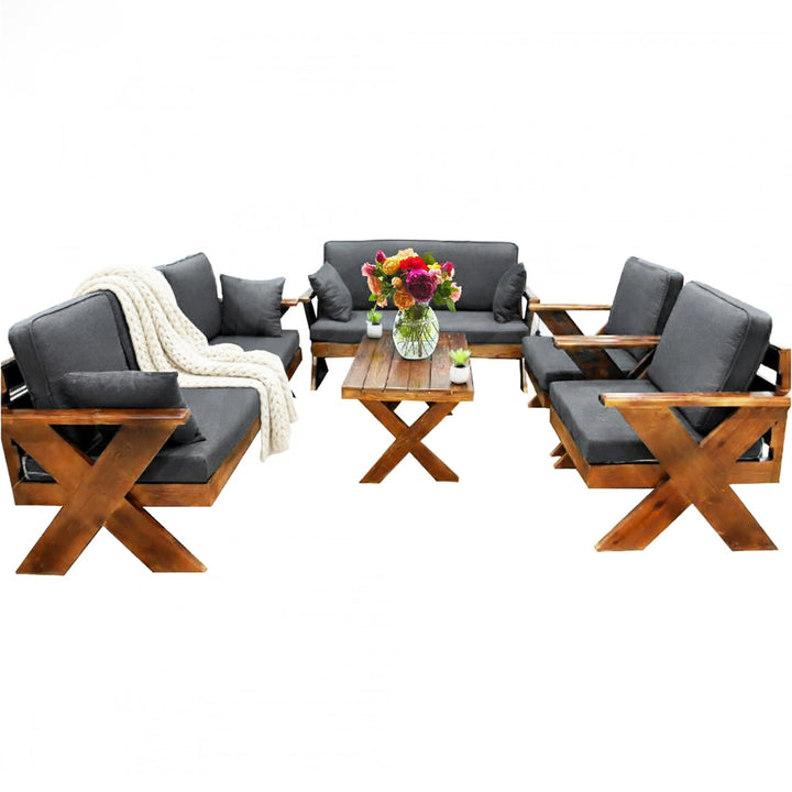 جلسة خارجية خشب قماش غامق فاتح تتسع 7 اشخاص صورة حيه