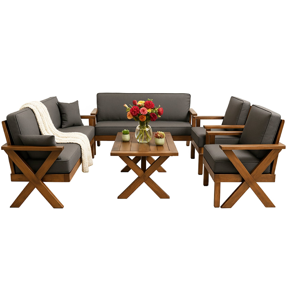 جلسة خارجية خشب قماش رمادي غامق تتسع 7 اشخاص