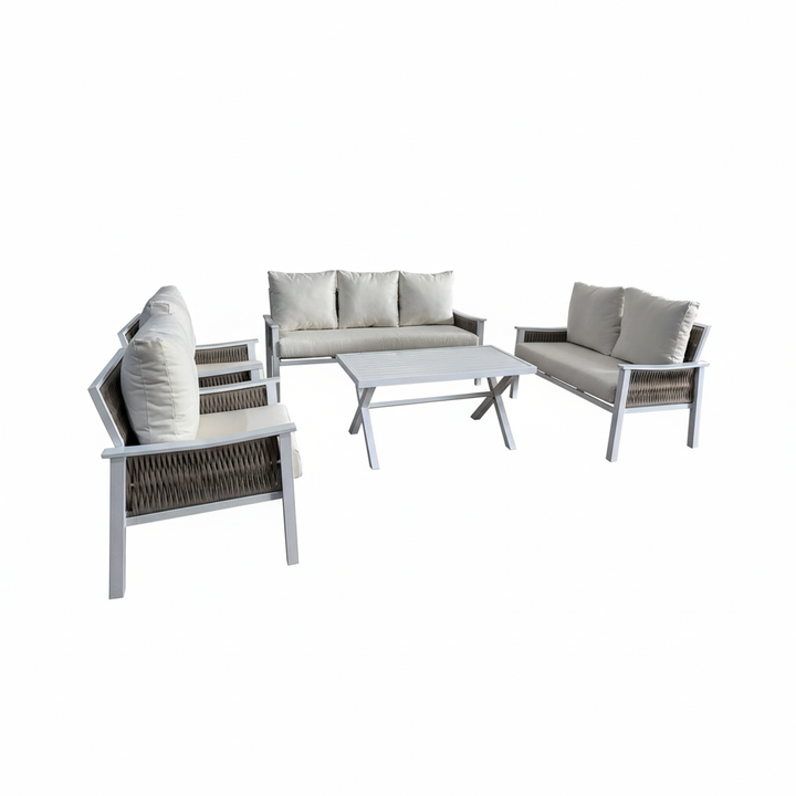 طقم جلسة 7 أشخاص أبيض وبيج مربع