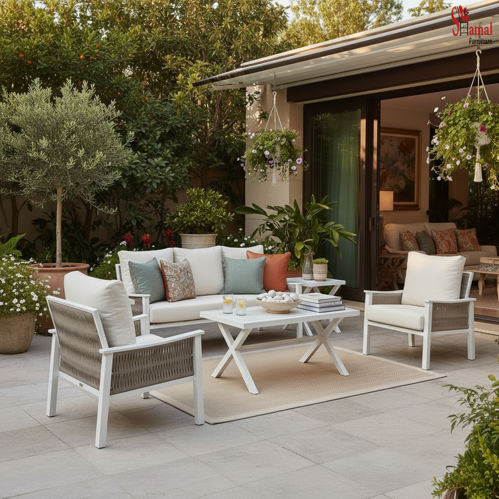 طقم جلسة أبيض وبيج بخلفية احترافية