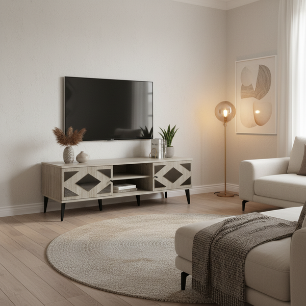 طاولة تلفزيون بيج مع شاشة معلقة على الجدار