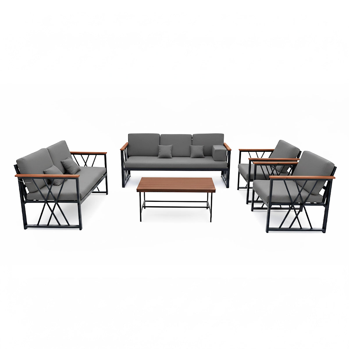 جلسة خارجية 7 أشخاص حديد أسود قماش رمادي غامق 