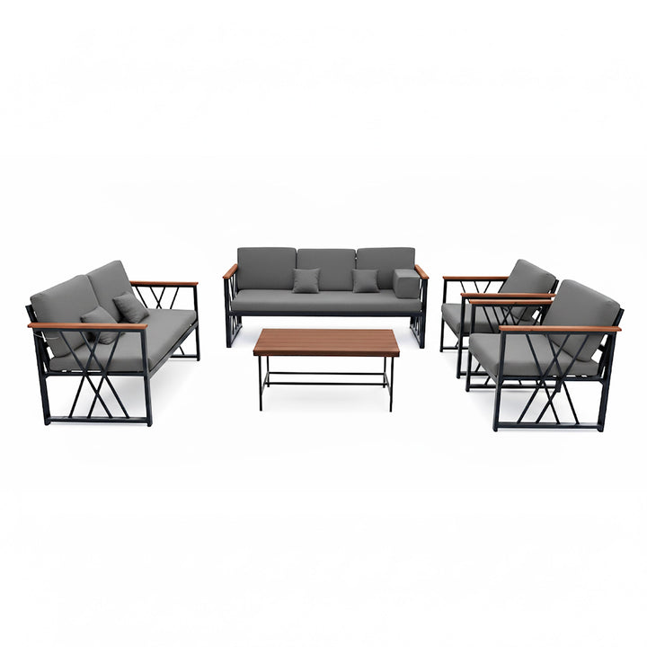 جلسة خارجية 7 أشخاص حديد أسود قماش رمادي غامق 