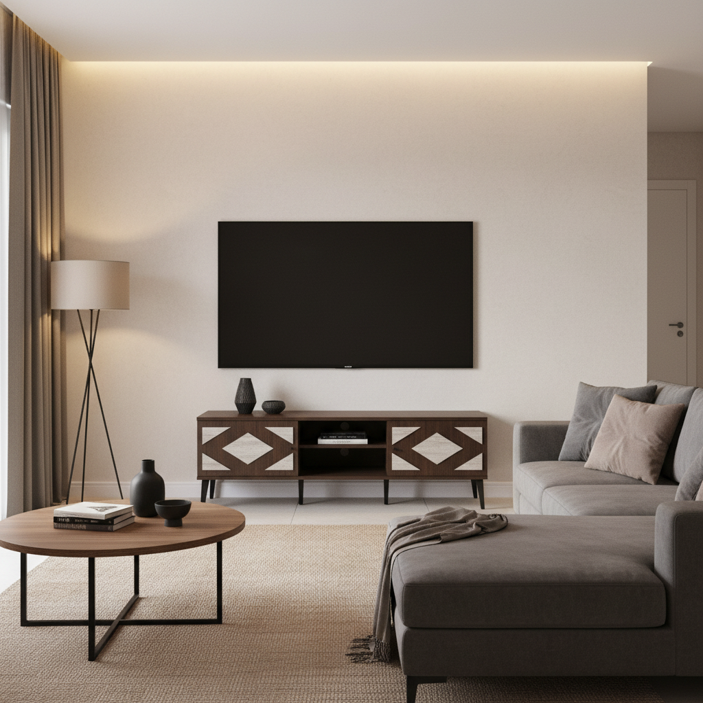 طاولة تلفزيون بنية أنيقة موديلبتصميم هندسي فاخر مع أرجل معدنية سوداء في غرفة معيشة عصرية