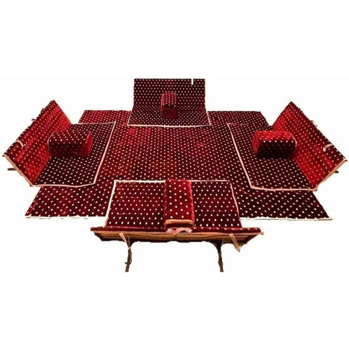 جلسة أرضية عربية قابلة للطي بقماش أحمر داكن منقط مع وسائد ومساند ظهر
