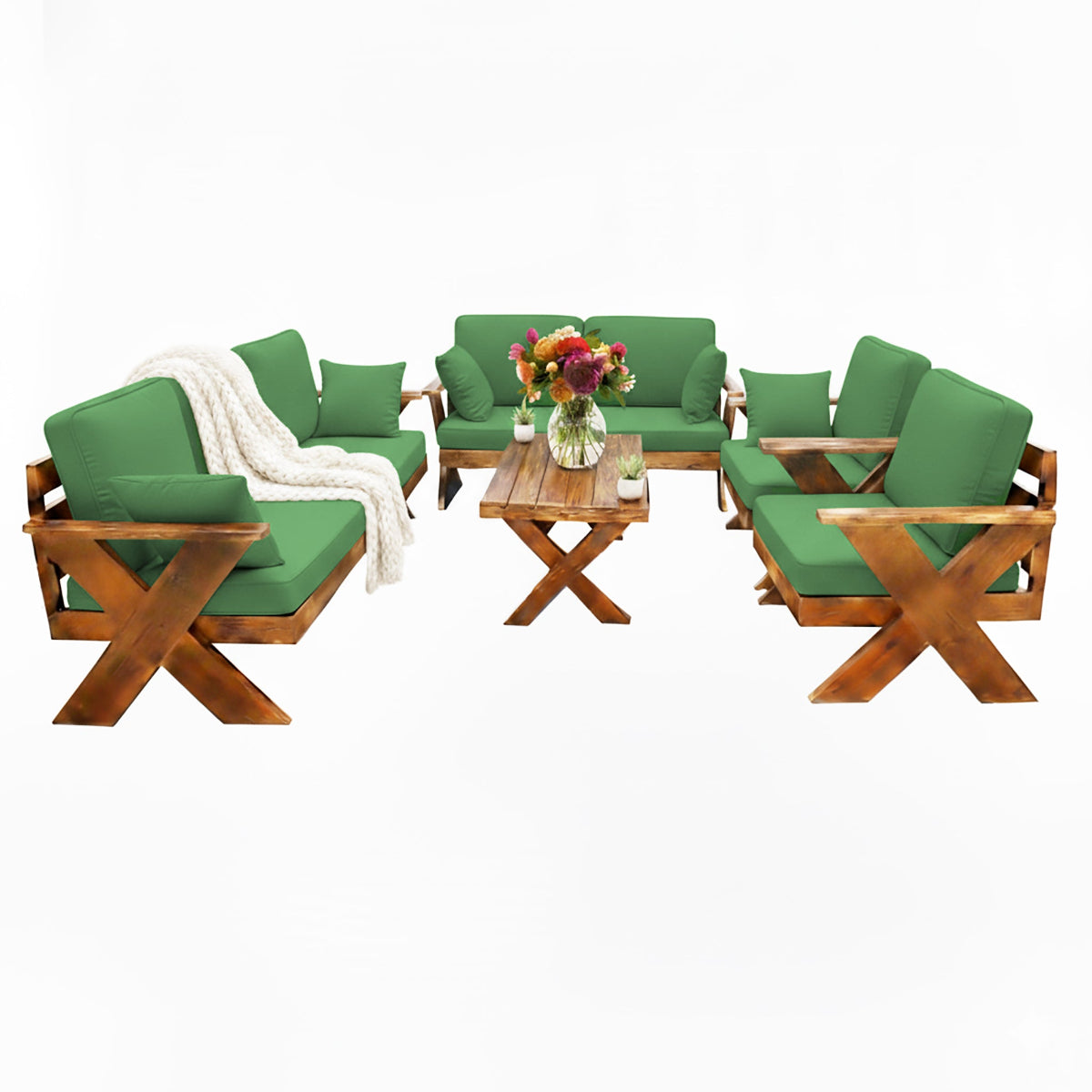 جلسة خارجية خشبي سويدية قماش أخضر عشبي تتسع 7 اشخاص
