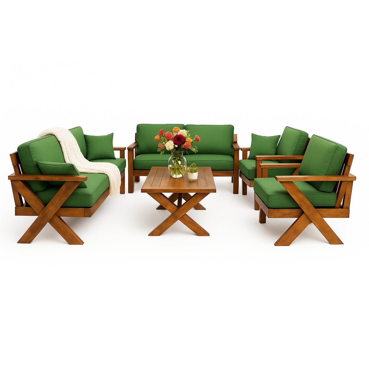 جلسة خارجية خشب قماش أخضر عشبي تتسع 7 اشخاص
