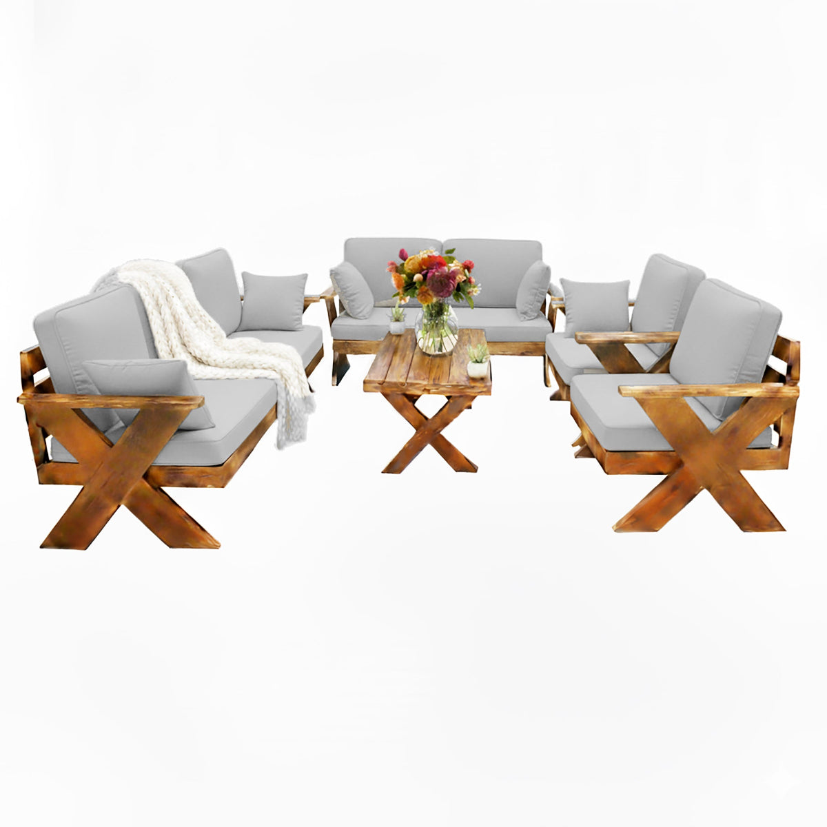 جلسة خارجية خشب قماش رمادي فاتح تتسع 7 اشخاص رائعة