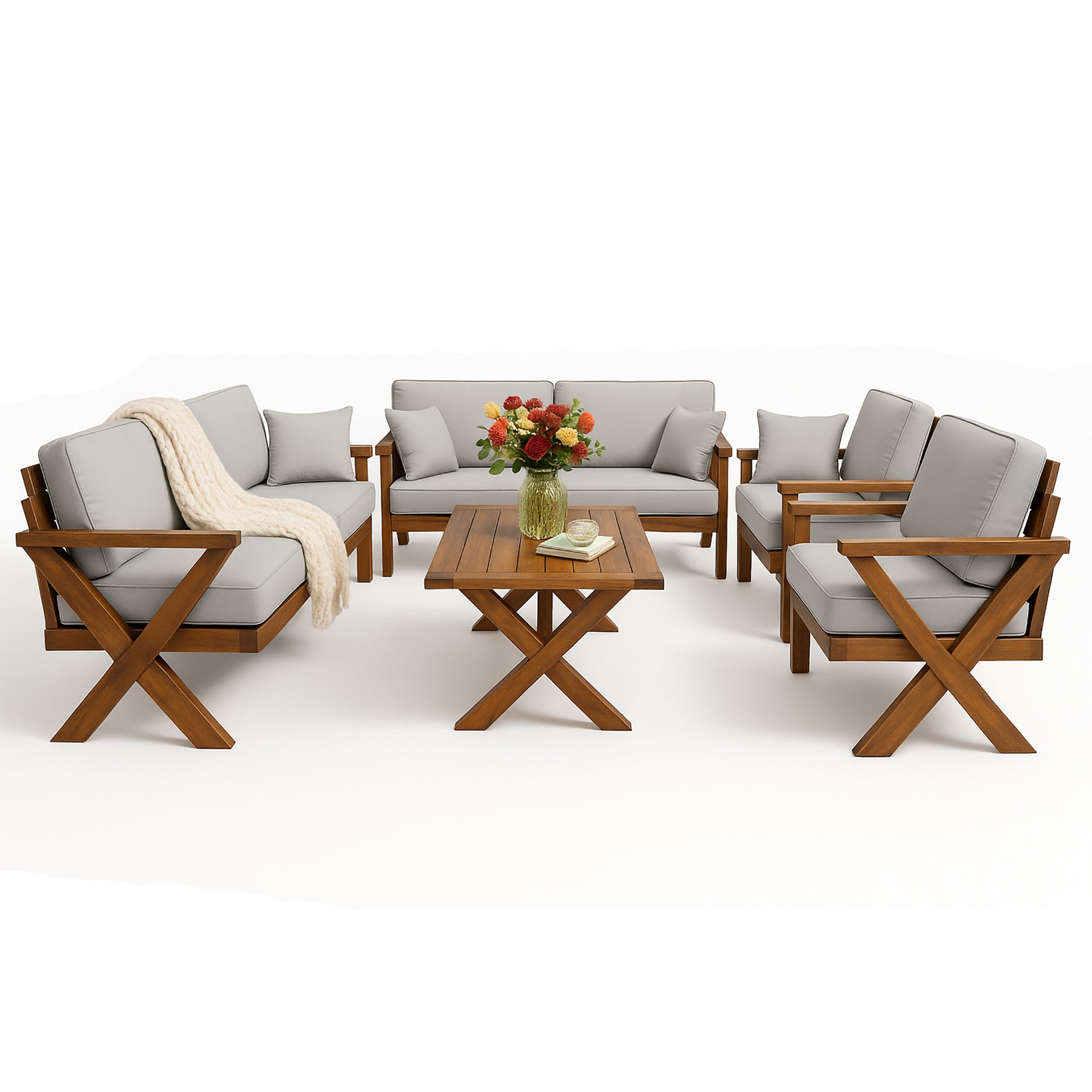 جلسة خارجية خشب قماش رمادي فاتح تتسع 7 اشخاص