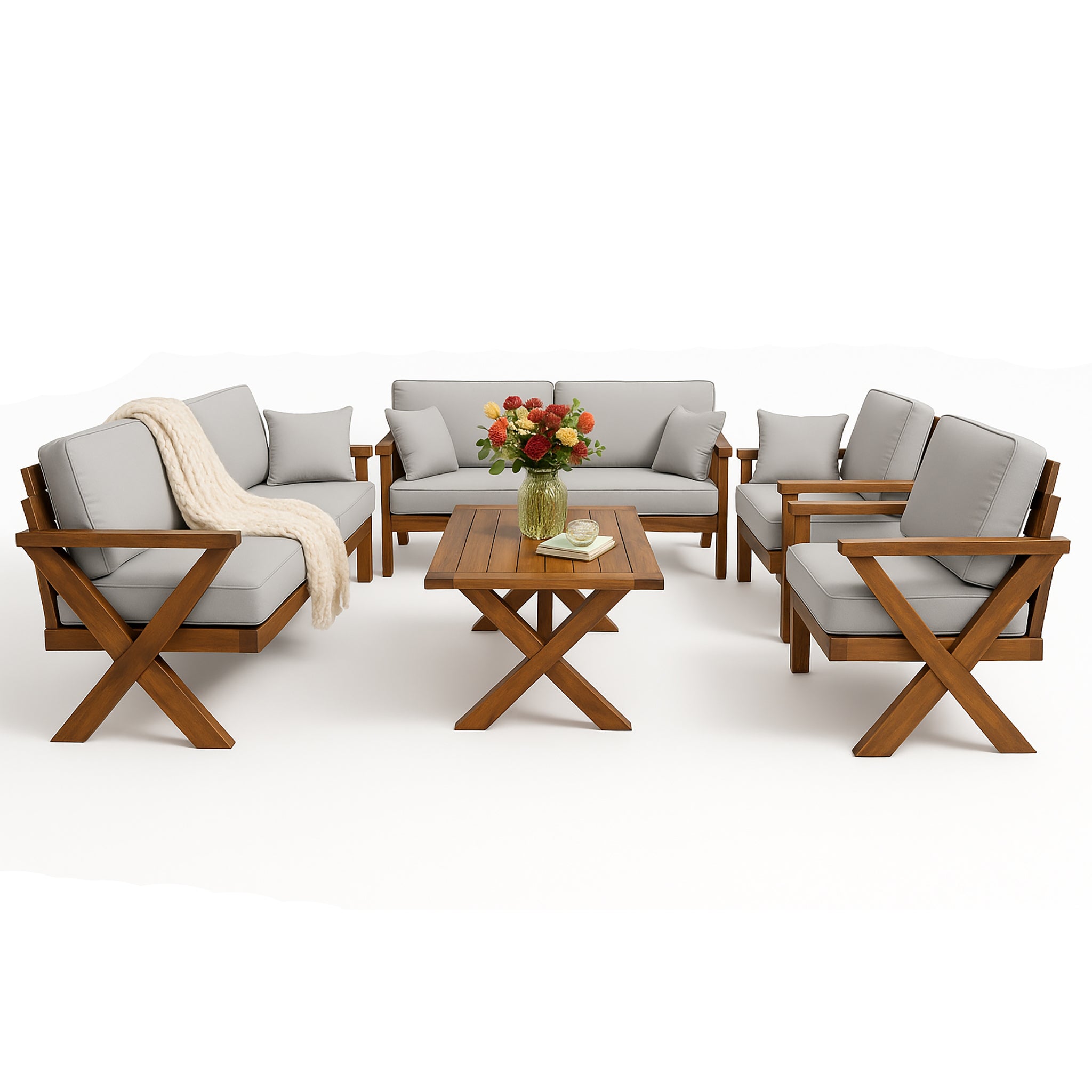 جلسة خارجية خشب قماش رمادي فاتح تتسع 7 اشخاص