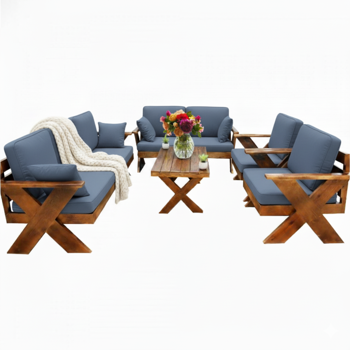 جلسة خارجية خشب قماش كحلي تتسع 7 اشخاص لون مميز