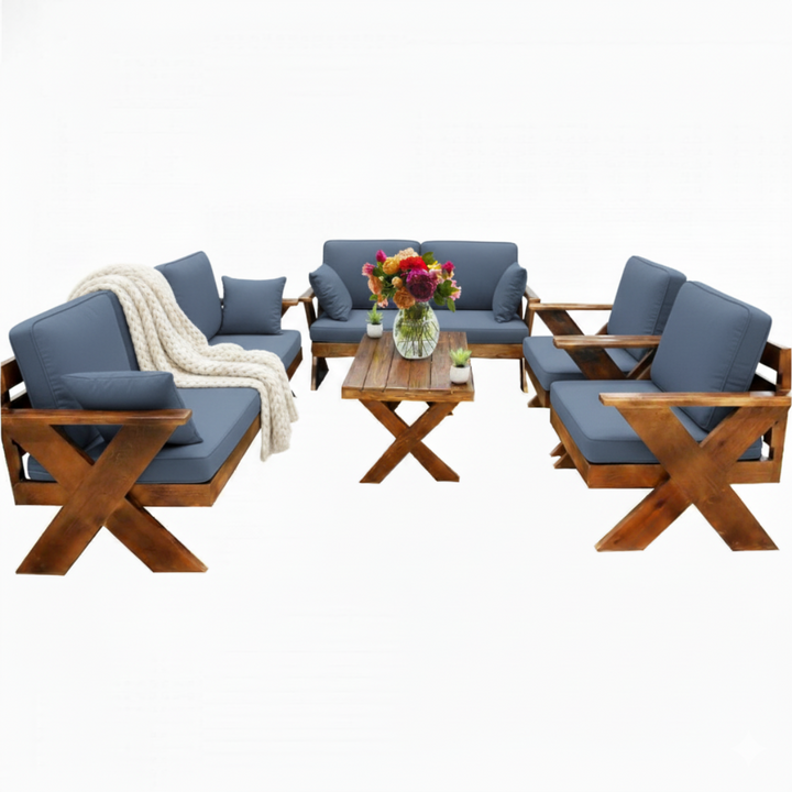 جلسة خارجية خشب قماش كحلي تتسع 7 اشخاص لون مميز