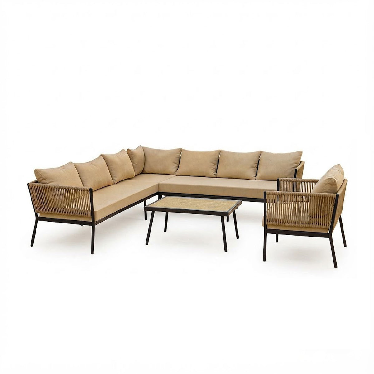 Outdoor L-shape rope sofa set 9 persons beige