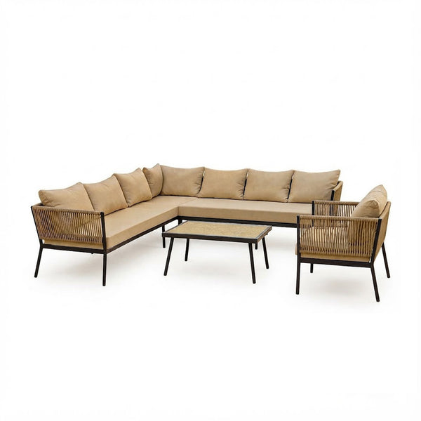 Outdoor L-shape rope sofa set 9 persons beige