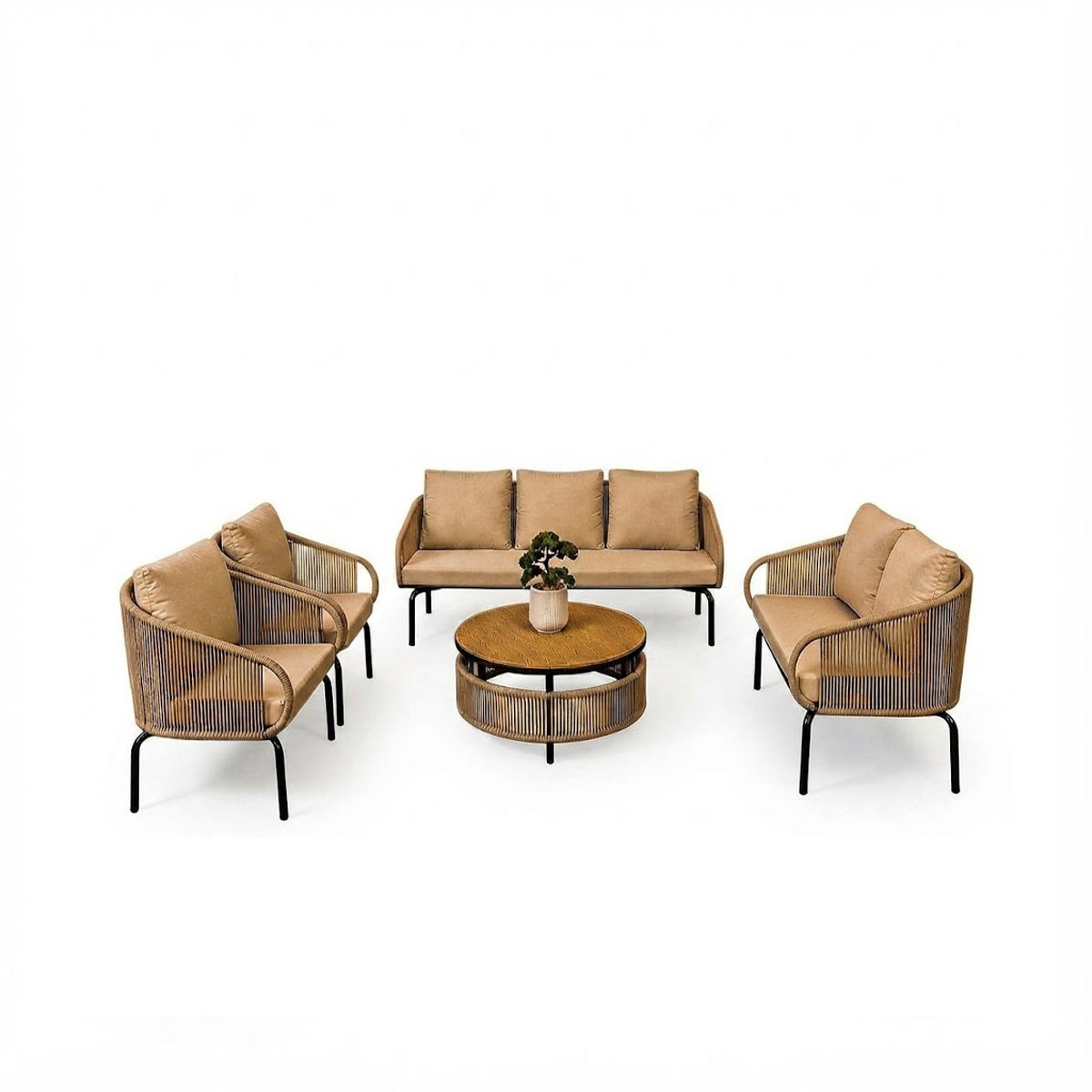 Outdoor rope seating set 7 persons beige round table