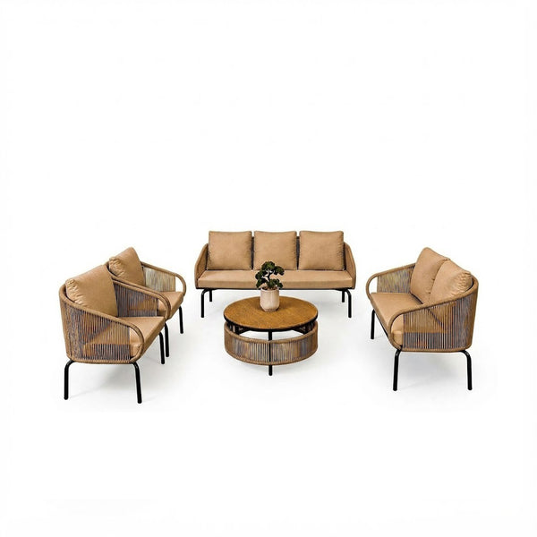 Outdoor rope seating set 7 persons beige round table