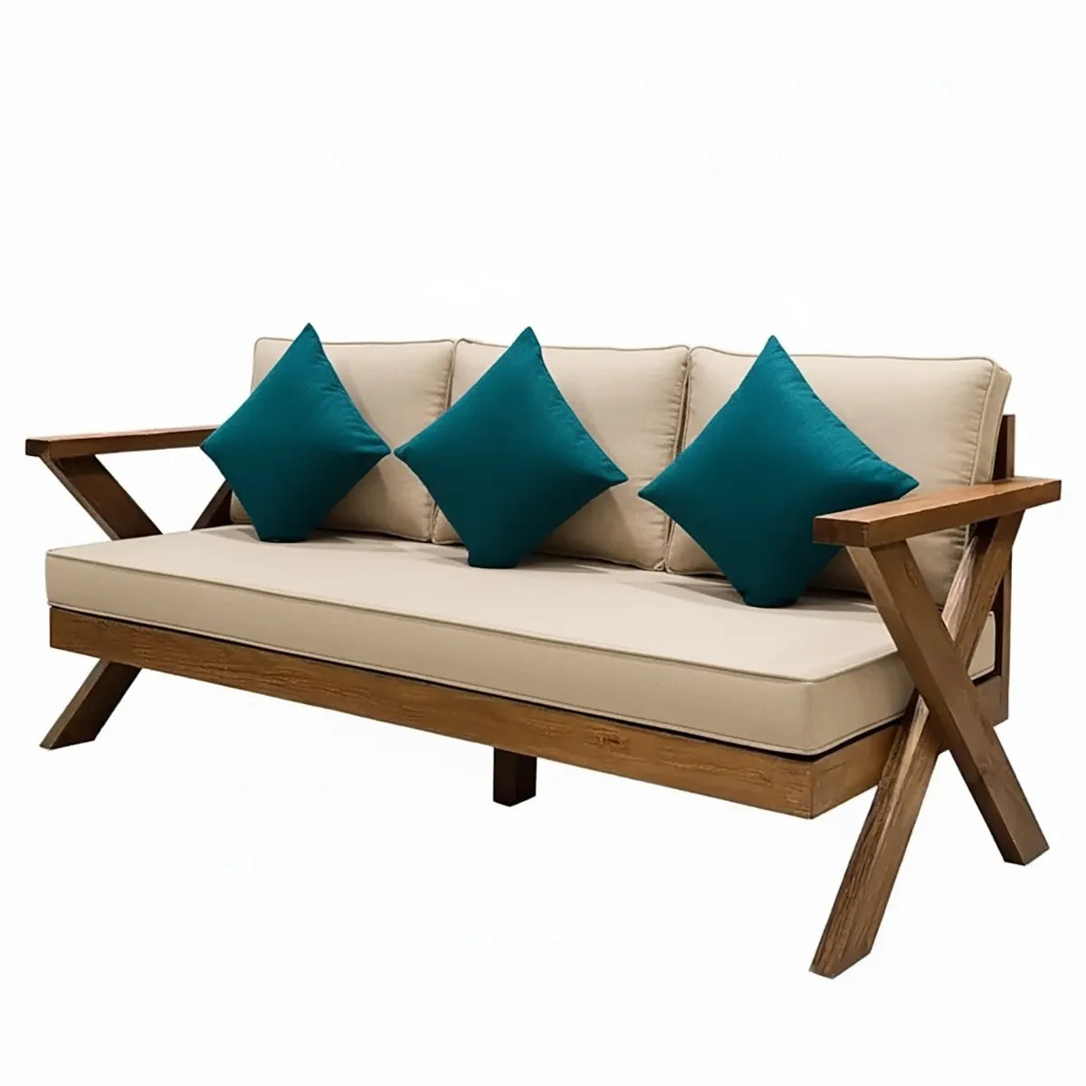 كرسي خشب سويدي ثلاثي بتصميم قاعدة X مع وسائد بيج ومخدات فيروزية

