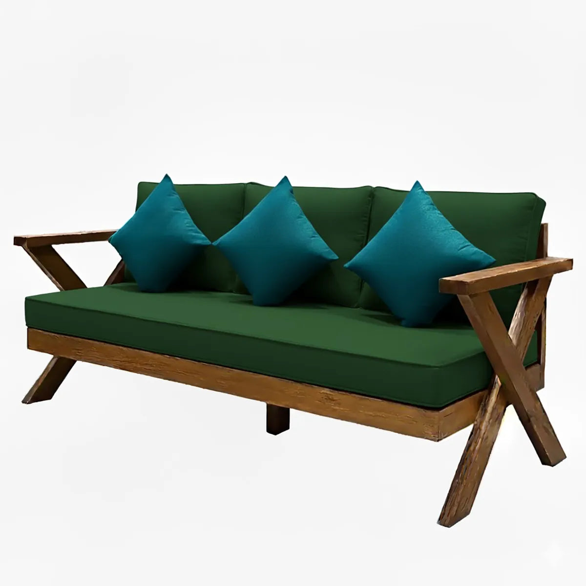 كرسي خشب سويدي ثلاثي بتصميم قاعدة X مع وسائد اخضر ومخدات فيروزية

