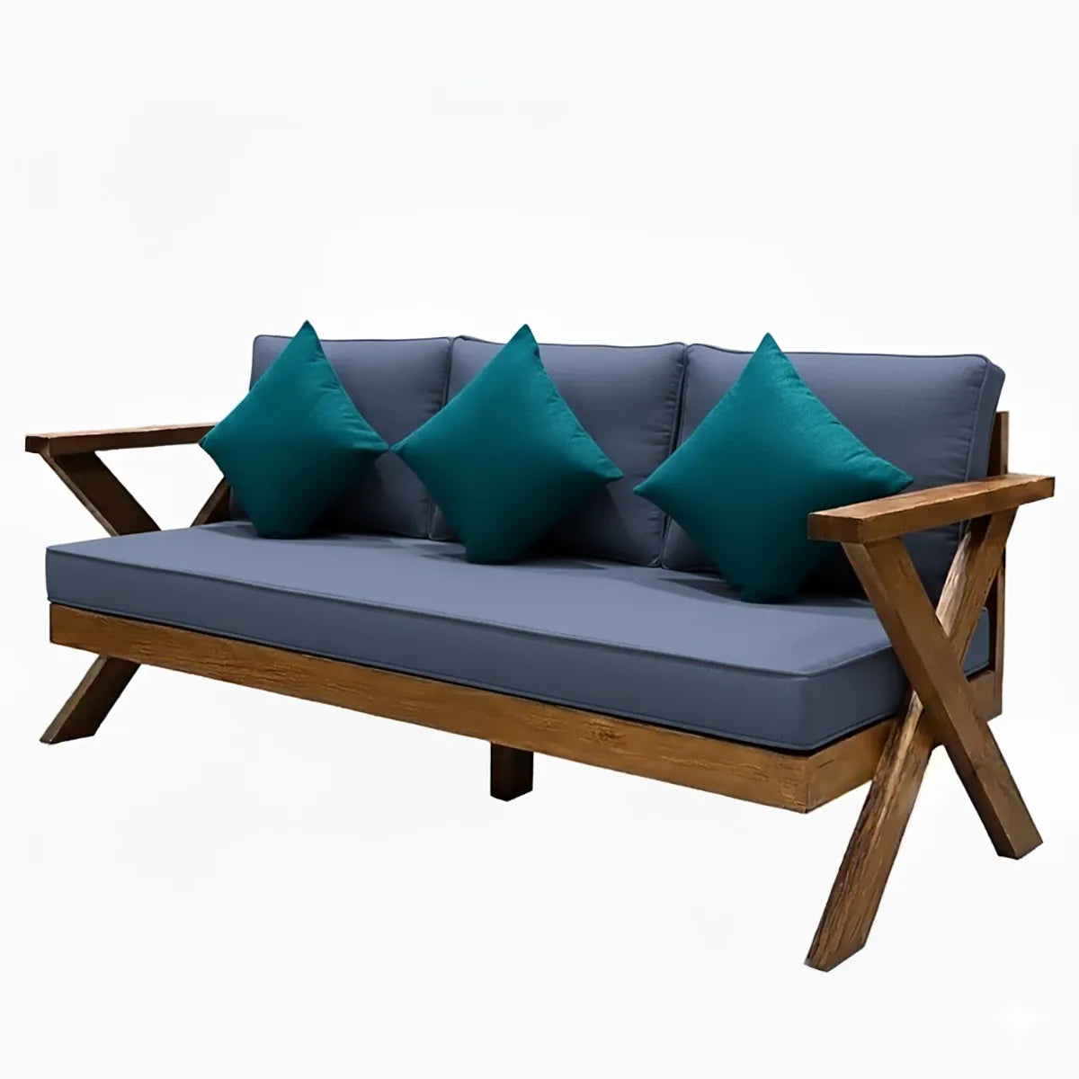 كرسي خشب سويدي ثلاثي بتصميم قاعدة X مع وسائد كحلي ومخدات فيروزية

