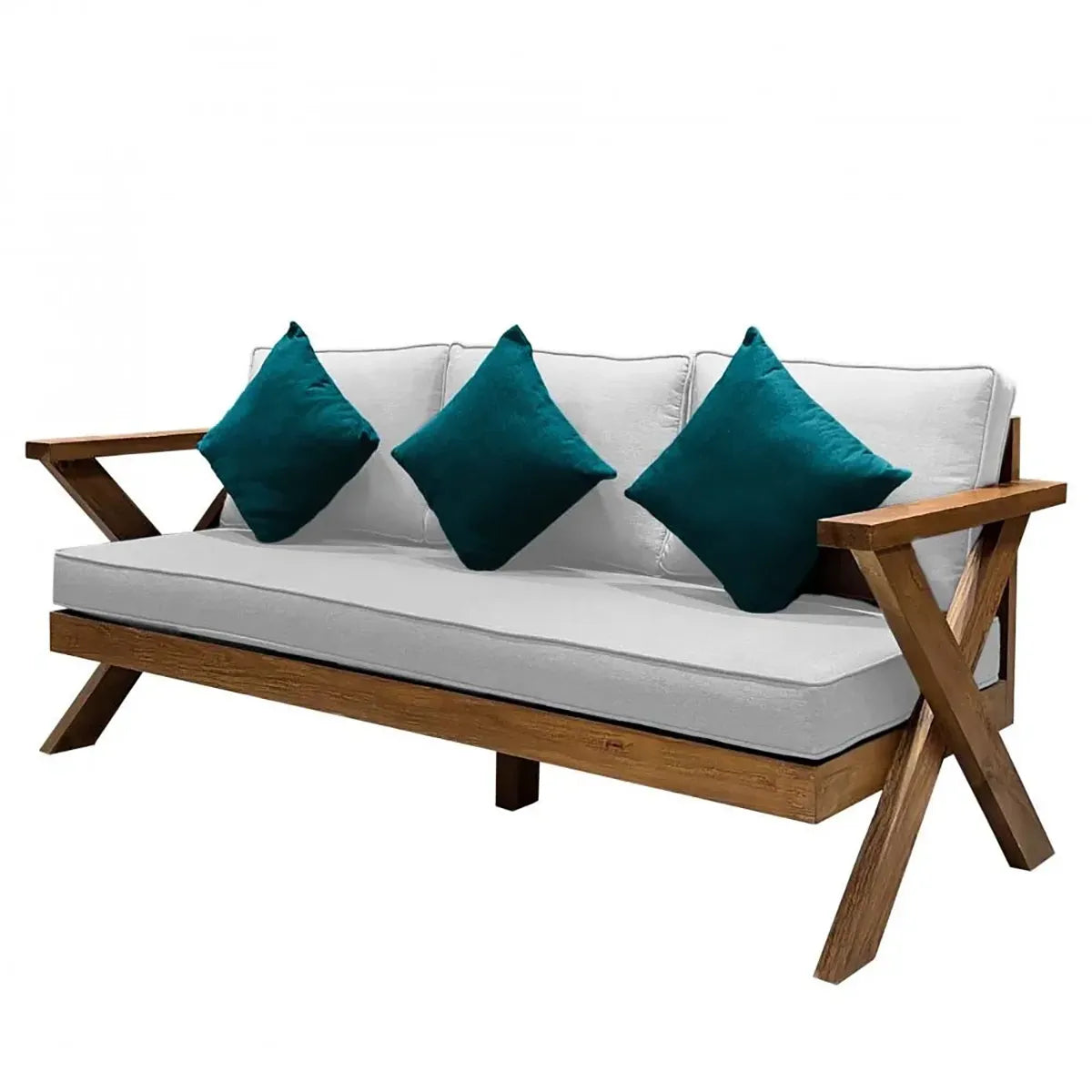 كرسي خشب سويدي ثلاثي بتصميم قاعدة X مع وسائد بيضاء ومخدات فيروزية

