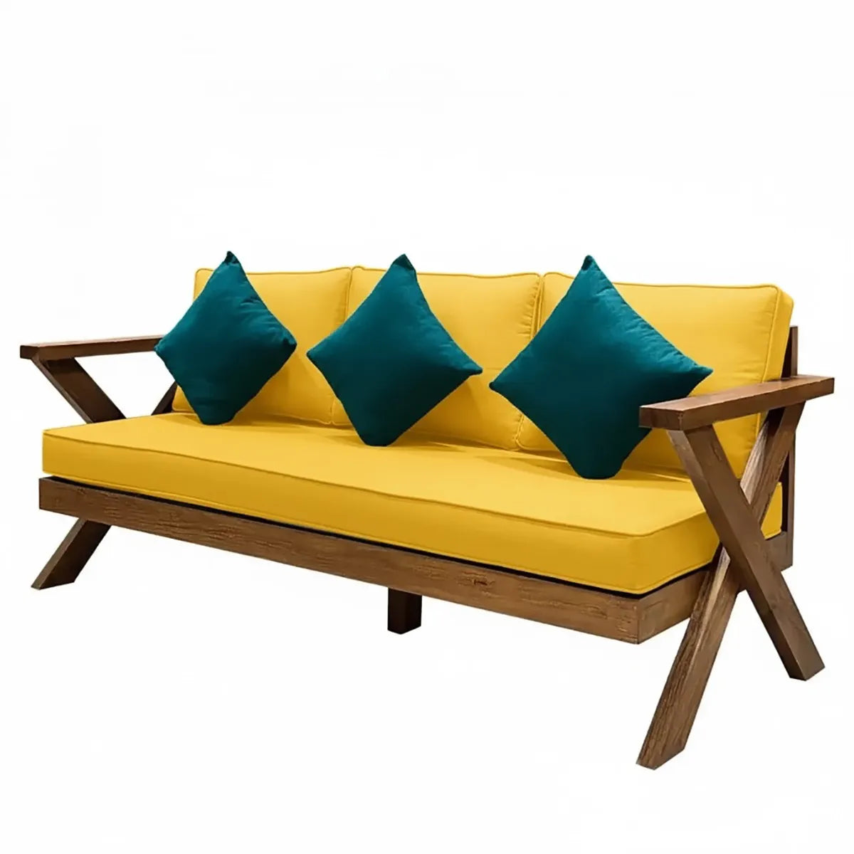 كرسي خشب سويدي ثلاثي بتصميم قاعدة X مع وسائد اصفر ومخدات فيروزية