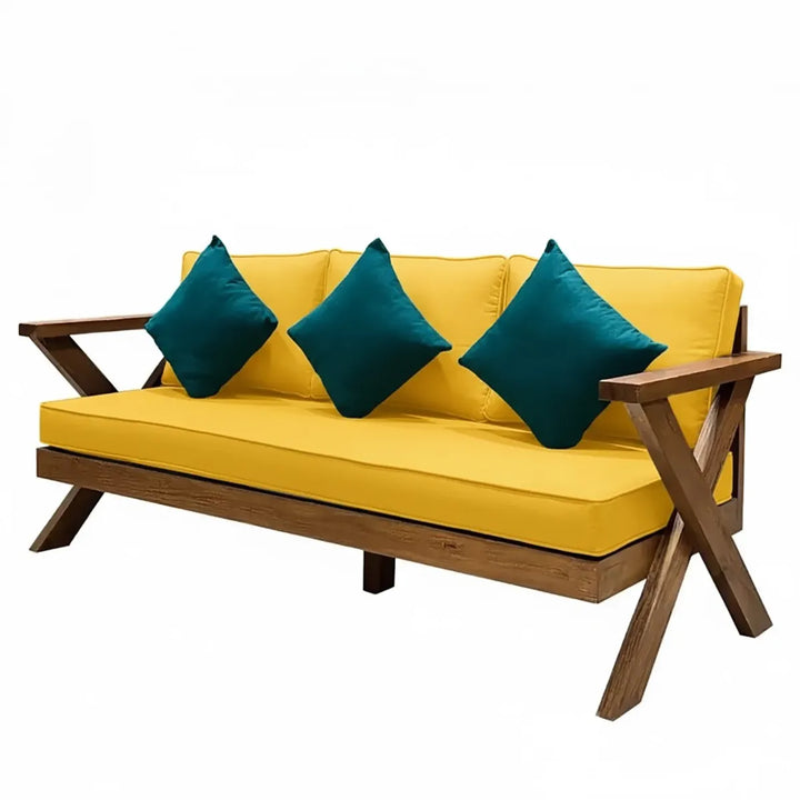 كرسي خشب سويدي ثلاثي بتصميم قاعدة X مع وسائد اصفر ومخدات فيروزية