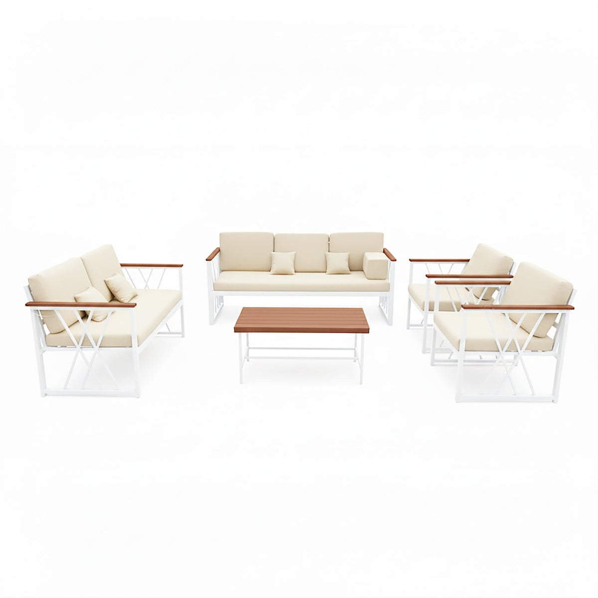 جلسة خارجية فاخرة 7 أشخاص - حديد أبيض قماش بيج راقي