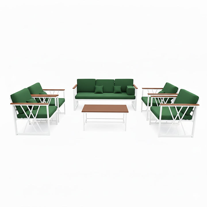 جلسة خارجية فاخرة 7 أشخاص - حديد أبيض بلون أخضر عشبي