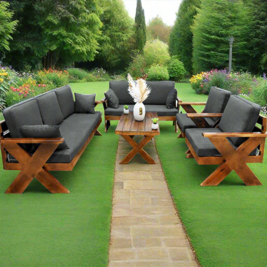 Outdoor furniture set with wooden frames and gray cushions on a white background