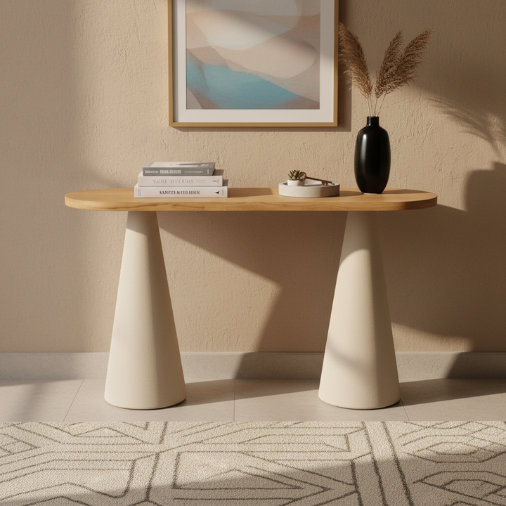 كونسول مدخل خشبي عصري HM620 بيج وخشب بأرجل مخروطية - طاولة مدخل فاخرة 120×40×76 سم