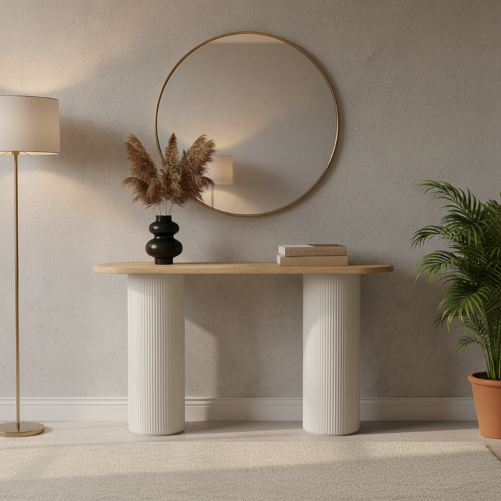 كونسول مدخل خشبي عصري HM623 بيج وأبيض بأرجل محفورة - طاولة مدخل فاخرة 120×40×76 سم