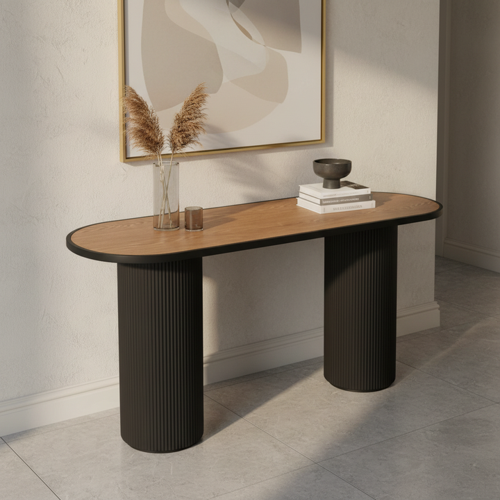 كونسول مدخل خشبي عصري HM623 أسود وبني بأرجل محفورة - طاولة مدخل فاخرة 120×40×76 سم