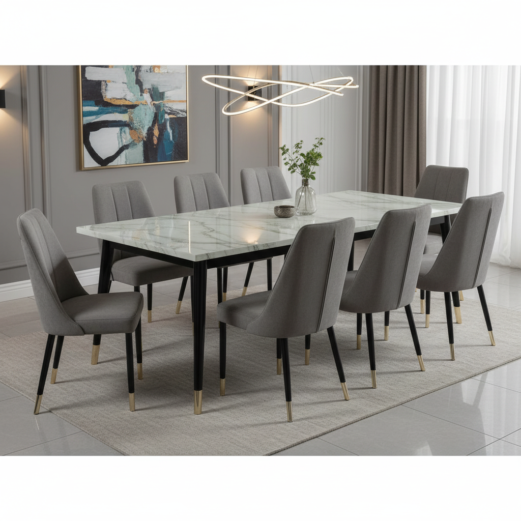 طاولة طعام رخام 1+8 M004-1 L.GREEN - أخضر فاتح ورمادي