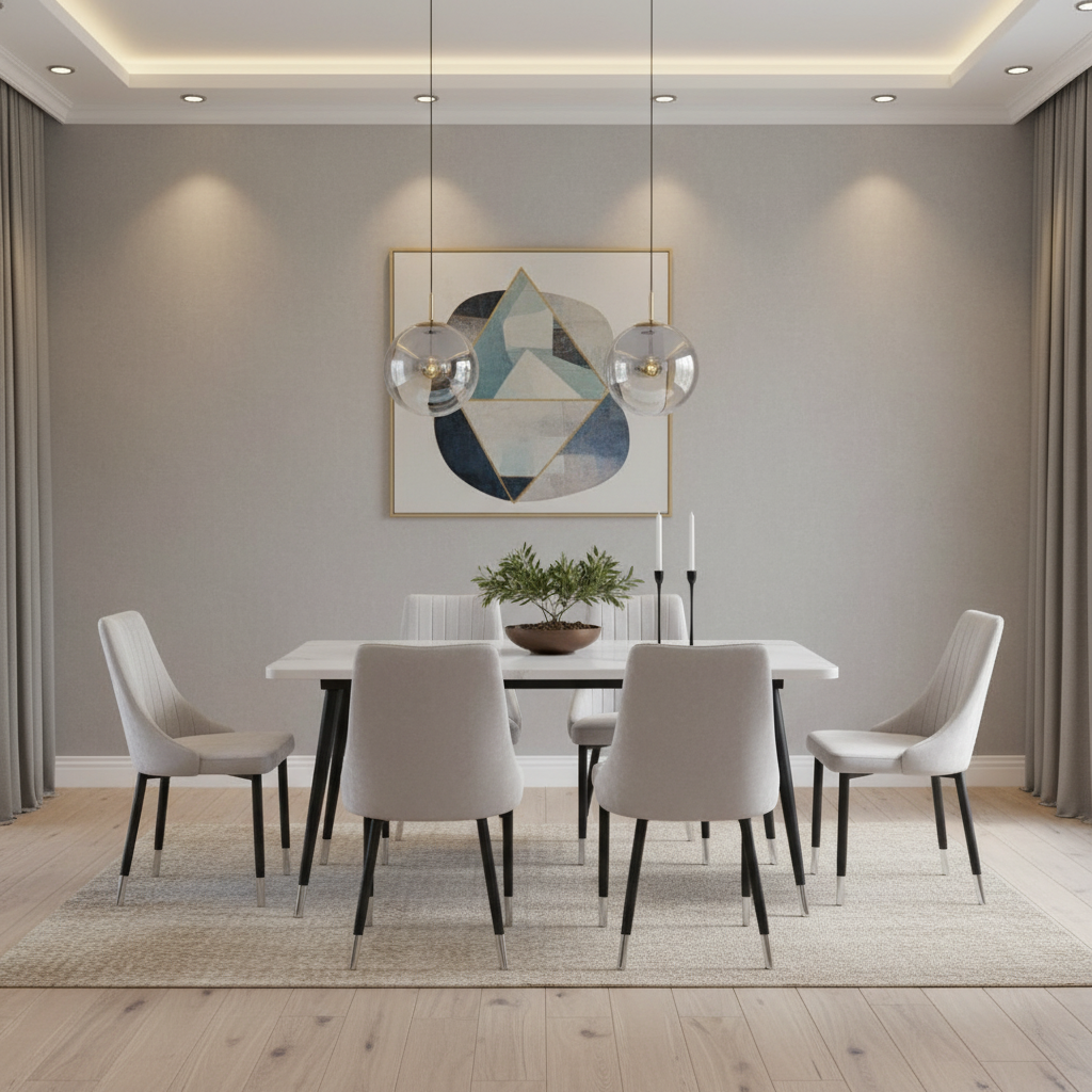 طاولة طعام رخام 1+6 M004-1 WHITE - أبيض ورمادي