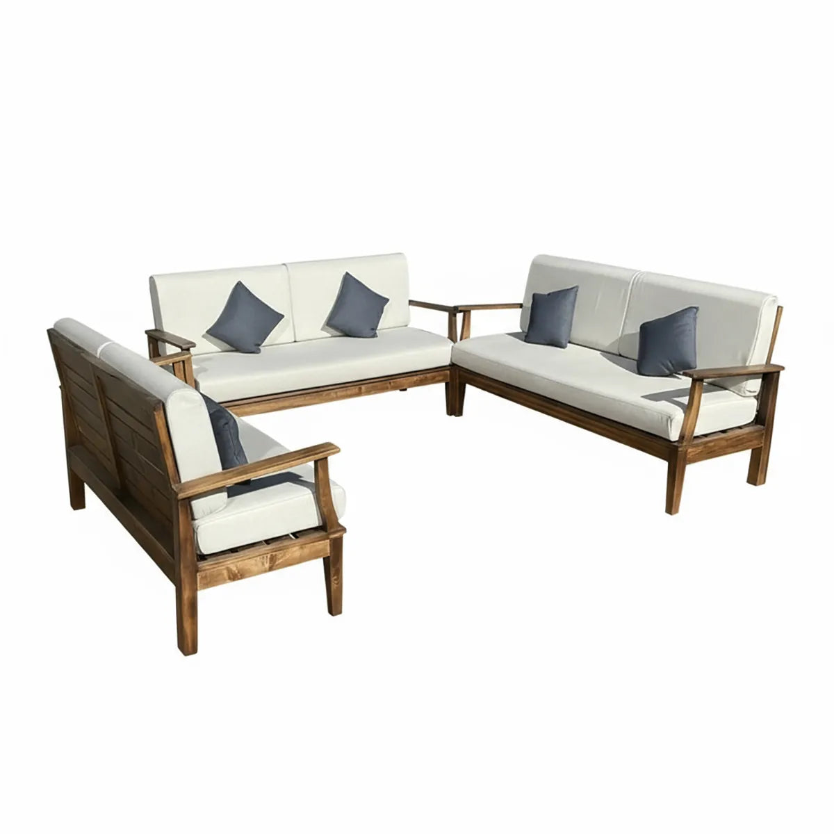 جلسة خارجية 9 مقاعد خشب طبيعي سويدي - 3 كراسي ثلاثية بوسائد بيج