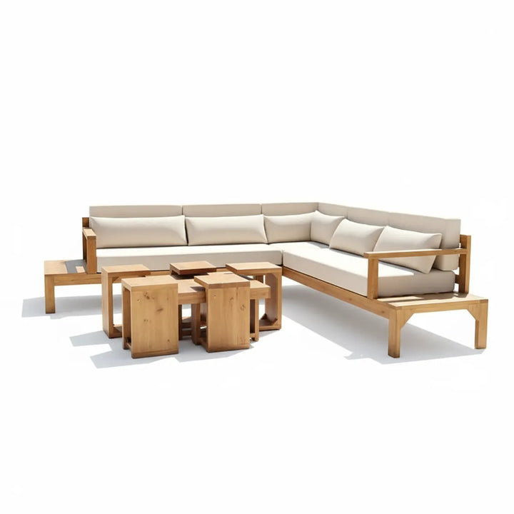 جلسة خارجية خشب طبيعي سويدي زاوية 3×3 متر مع طاولة وطاولات خدمة - أثاث حديقة فاخر بوسائد بيج