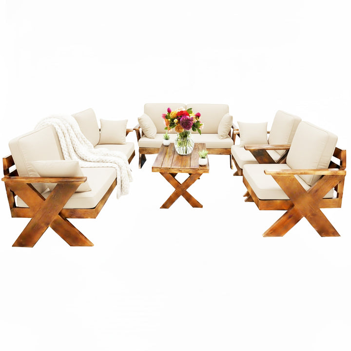 جلسة خارجية خشب سويدي قماش  بيج فاتح تتسع 7 اشخاص تفاصيل 
