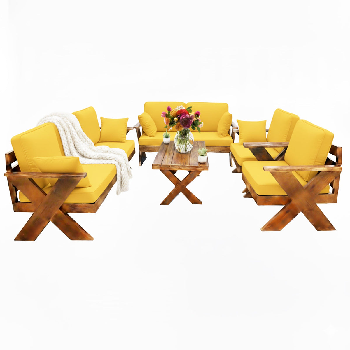 جلسة خارجية خشبية سويدية قماش أًصفر تتسع 7 اشخاص
