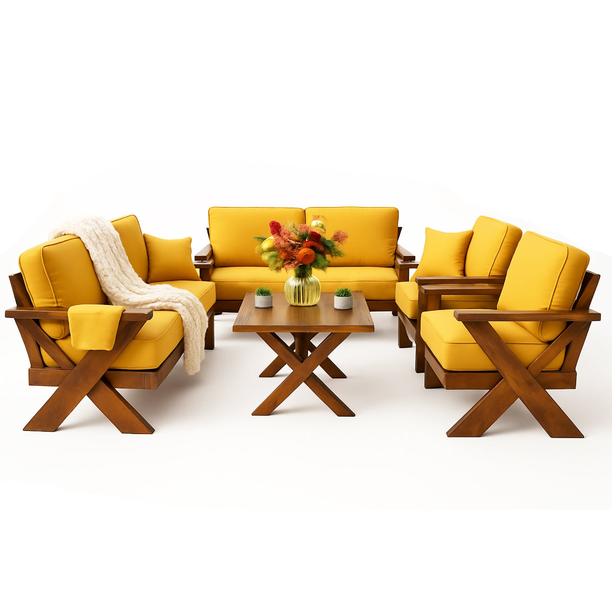 جلسة خارجية خشب قماش اصفر مبهج تتسع 7 اشخاص